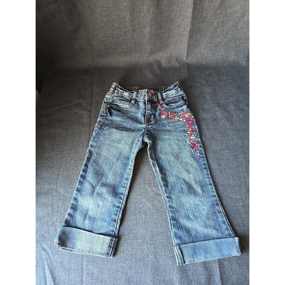 Zana Di Girl Capri Ankle Jeans Gems W/Embroidered Flowers & Hearts Size 5 Y2K